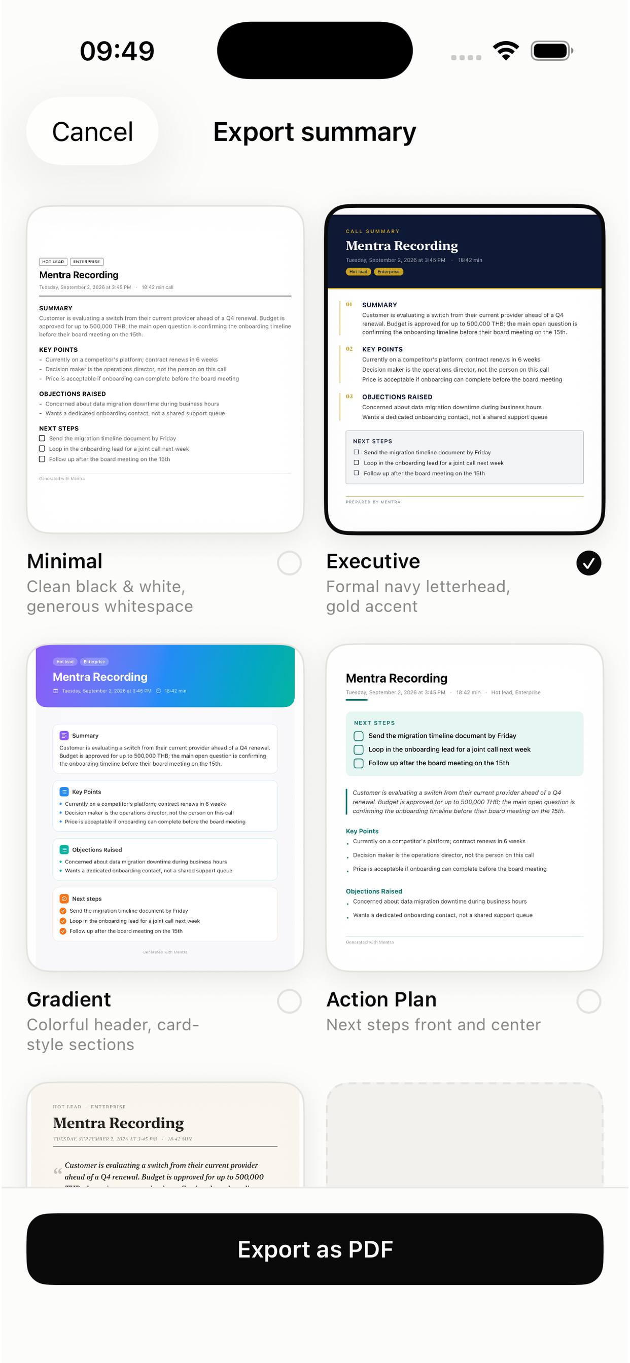 Mentra Record showing summary export templates