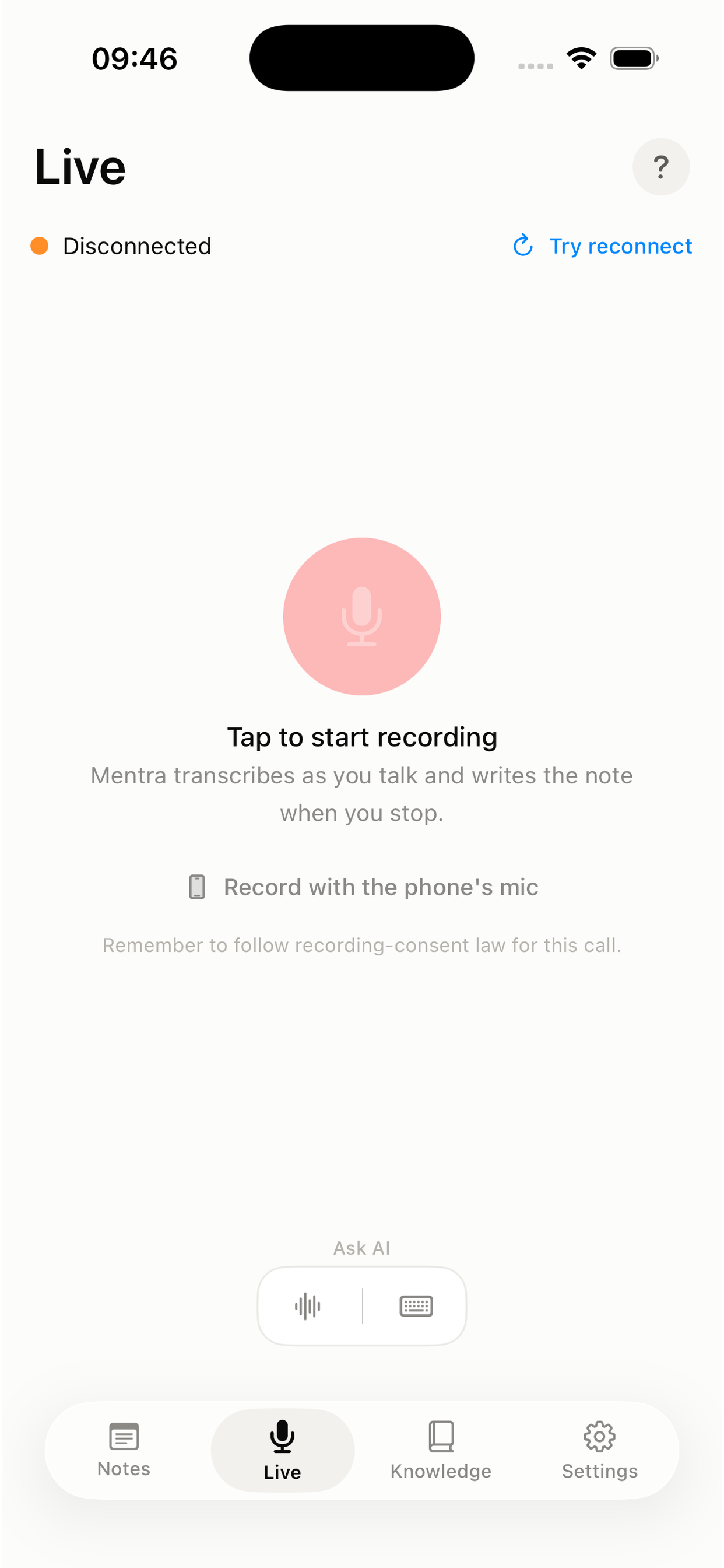 Mentra Record ready to start a live recording