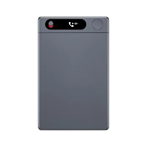 The M1 Recorder, front on: a slim grey slab with a red recording light, a black sensor window and a round control button across the top.